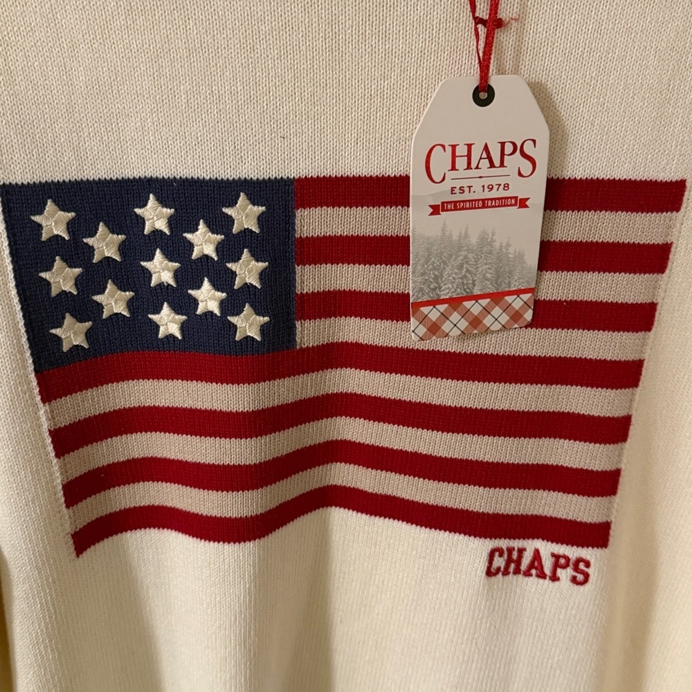 Chaps Men’s Ivory Sweater with Flag Design 100% cotton NEW - Picture 5 of 8